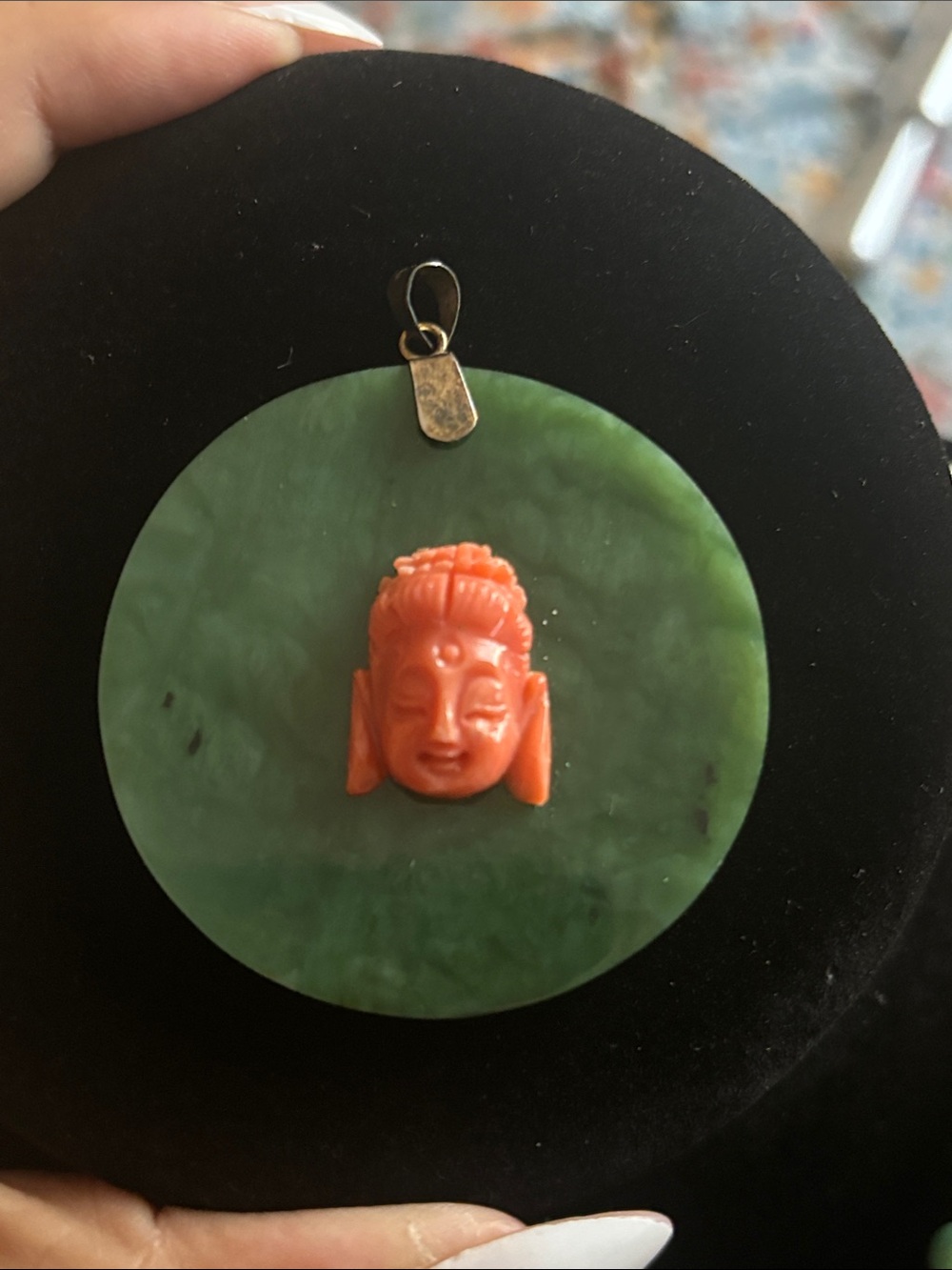 Green Jade with Coral Buddha Pendant